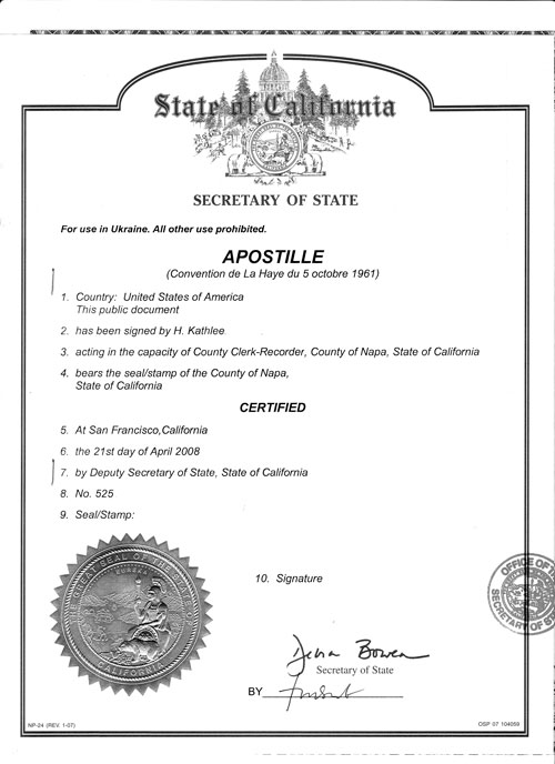 Marriage certificate Apostille example